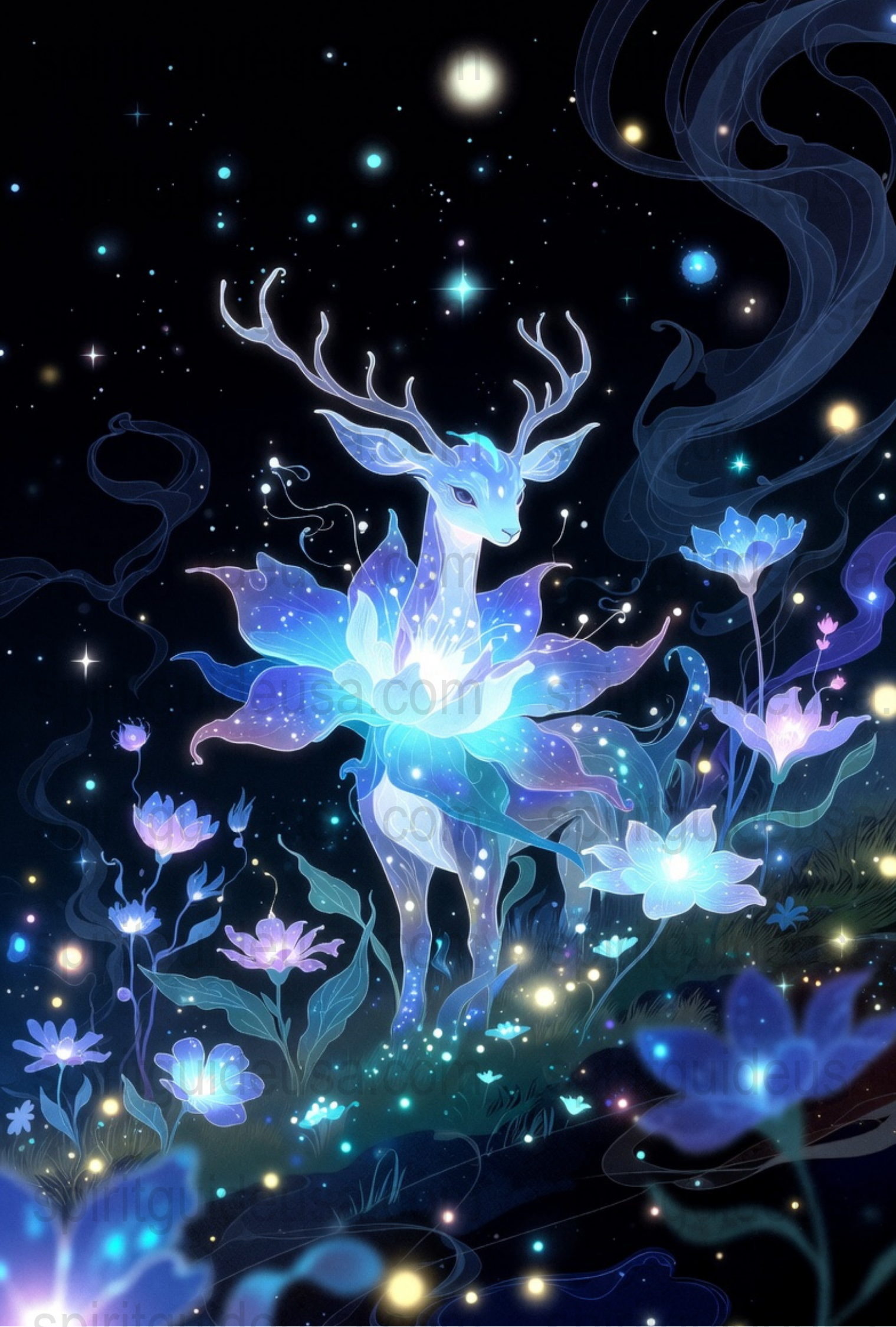 Mystical Glowing Deer in Forest Night Sky Stars Fantasy Art Poster Print
