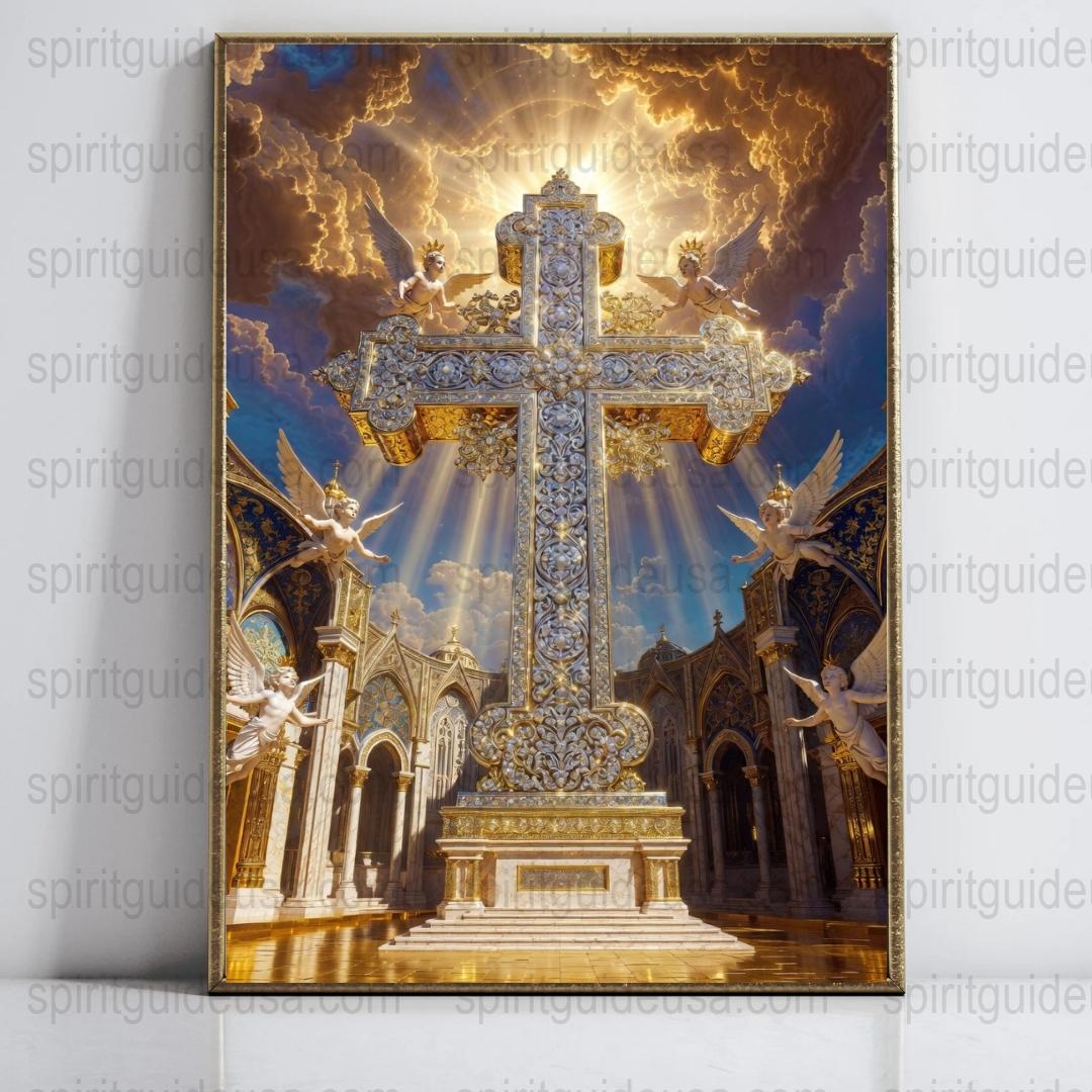 Heavenly Cross Canvas Print, Religious Wall Art, Angelic Decor, Spiritual Cathedral Interior, Divine Light Rays Artwork for Home