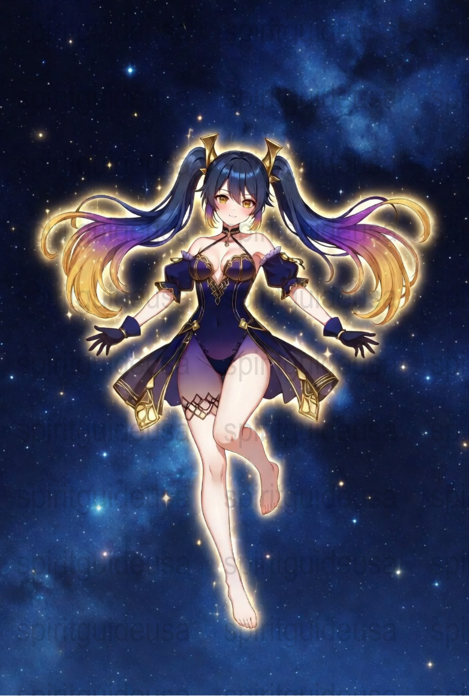 Anime Girl Wall Art, Starry Night Sky, Fantasy Purple Dress Poster, Celestial Wings Decor