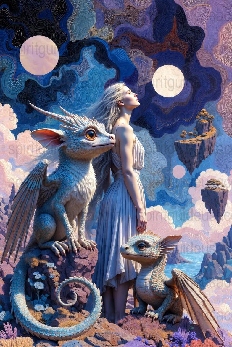 Fantasy Art Print, Woman and Dragons, Surreal Landscape Poster, Ethereal Sky Artwork, Unique Wall Decor, Mystical Floating Islands