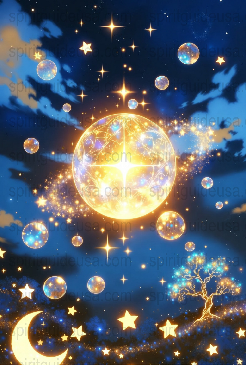 Mystical Celestial Art Poster, Fantasy Galaxy Tree, Stars and Moon, Cosmic Bubbles, Vibrant Space Decor, Wall Hanging