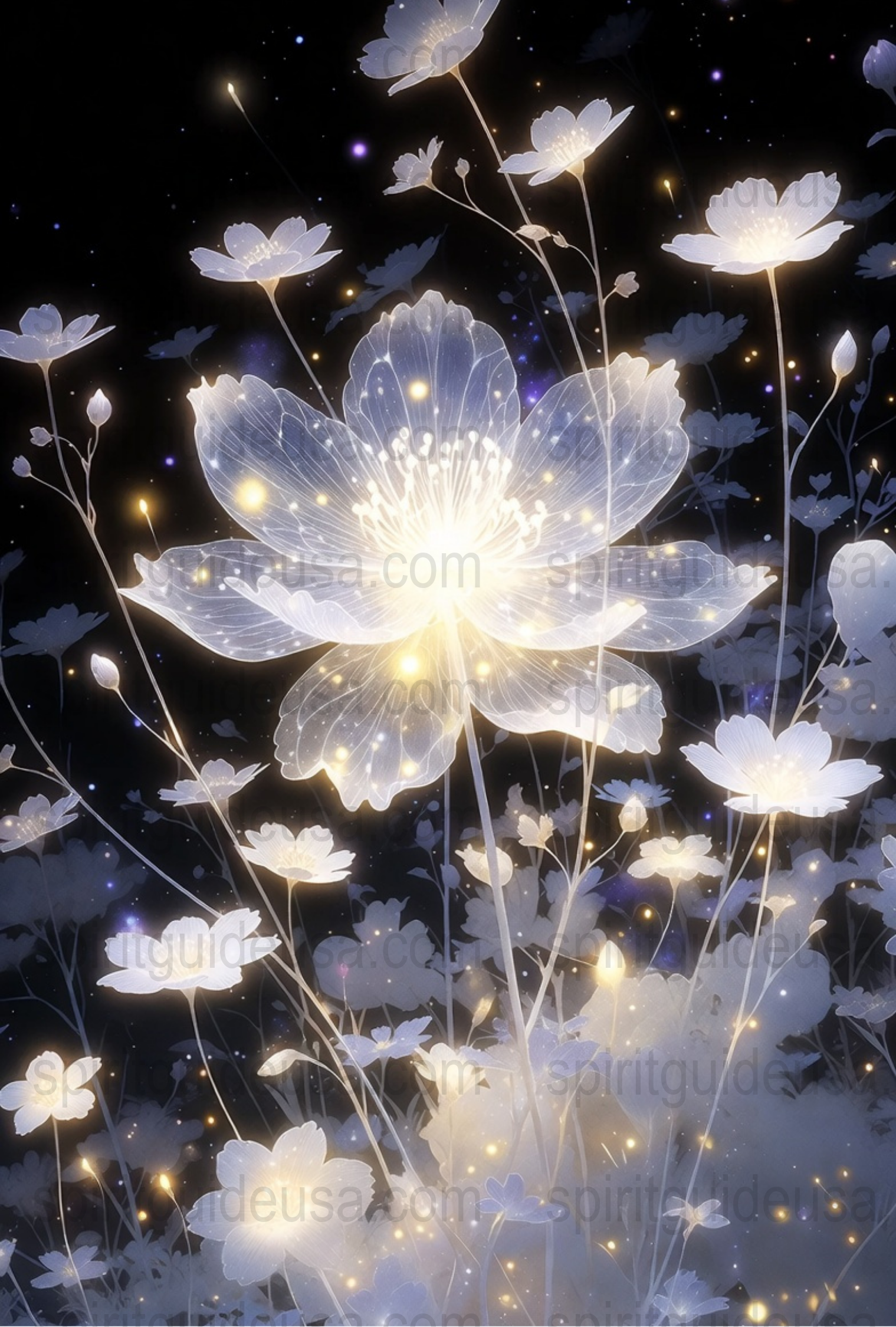 Luminous Floral Art Print, Ethereal White Flowers on Dark Background, Starry Night Sky, Home Decor Wall Art, Unique Gift Idea for Nature