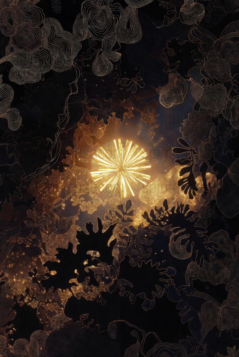 Abstract Art Print, Golden Light Burst with Black Floral Patterns, Modern Wall Decor, Unique Dark Floral Artwork for Home