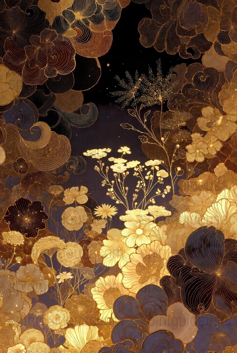 Luxurious Golden Floral Art Print, Vintage Botanical Wall Decor, Elegant Home Decoration, Night Sky Flowers Illustration