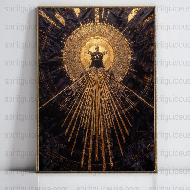 Spiritual Art Print, Mystical Golden Angel Wings, Radiant Sunburst Wall Decor, Ethereal Home Decoration, Unique Artwork Canvas