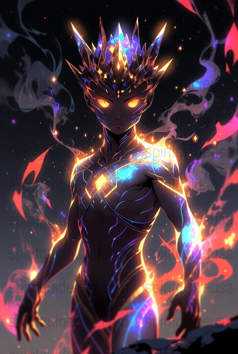 Vibrant Fantasy Art Poster, Cosmic Fire Entity, Ethereal Alien King Illustration, Mystical Neon Wall Art Decor