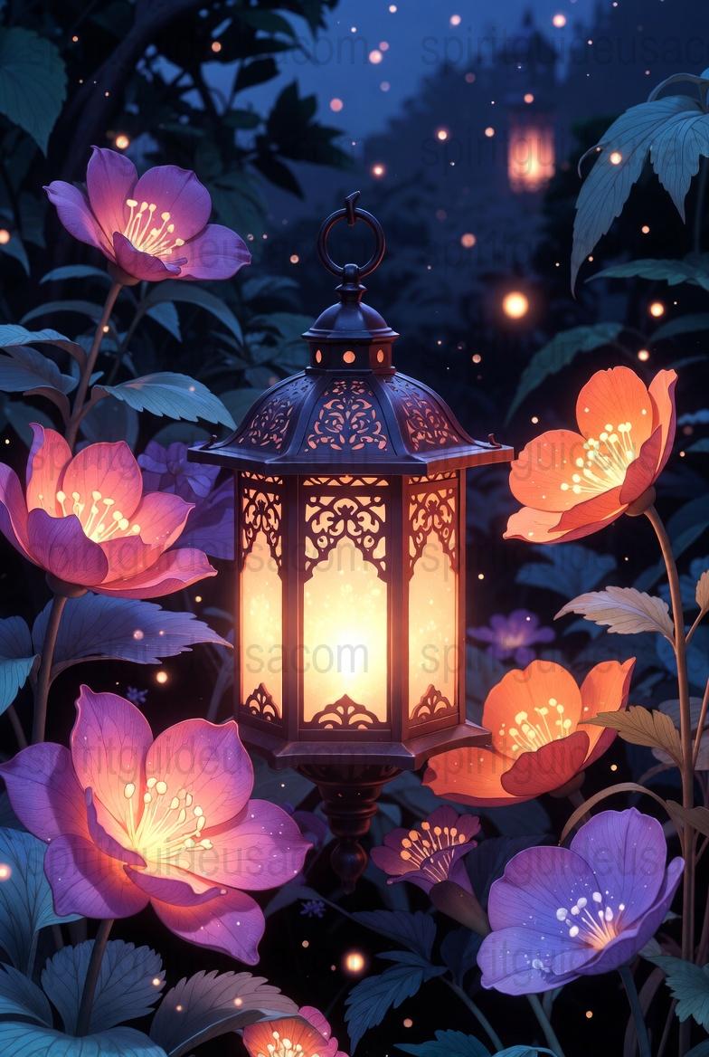 Enchanted Forest Lantern and Glowing Flowers Art Print, Mystical Night Garden Poster, Fantasy Floral Wall Decor, Magical Mood Lighting
