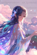 Fantasy Anime Art Print, Mystical Girl with Flowers, Ethereal Blue Hair, Celestial Wall Decor