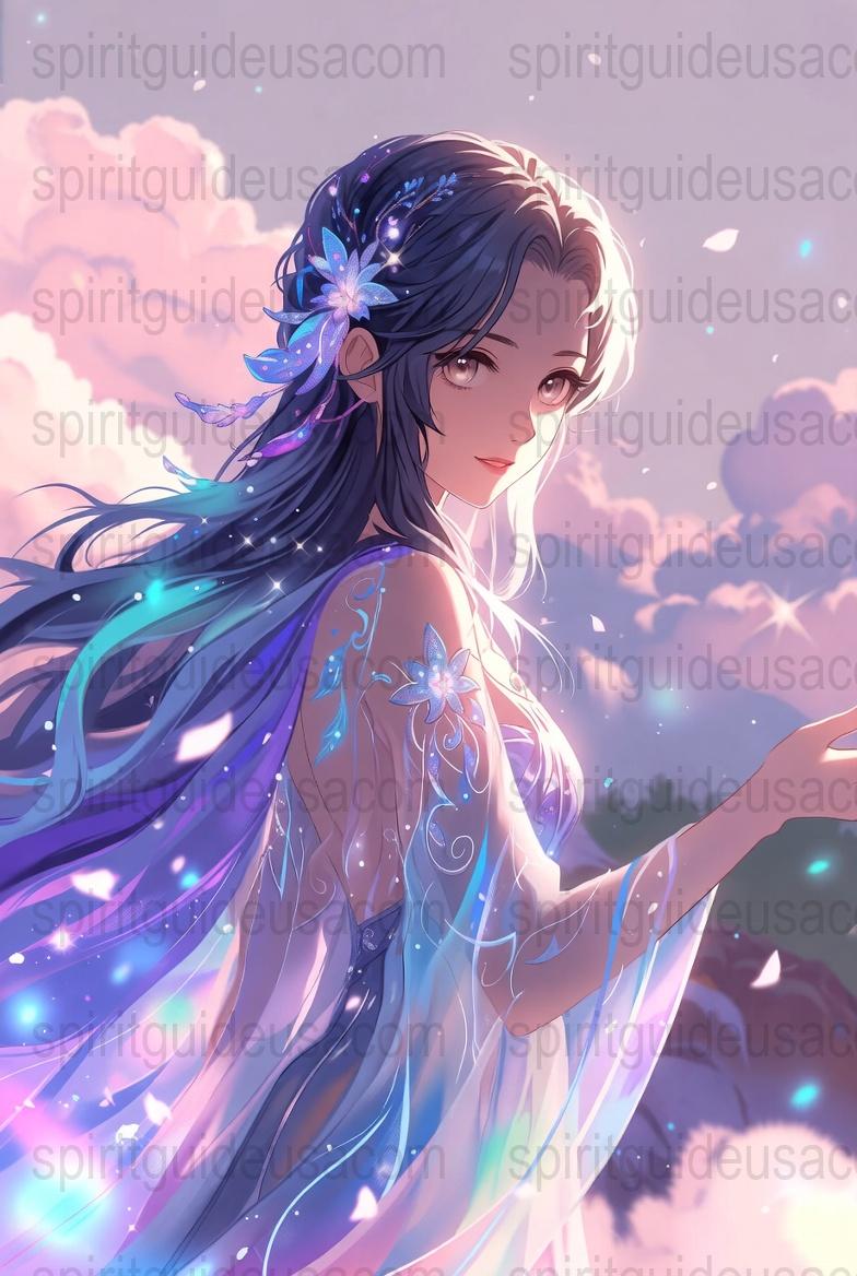 Fantasy Anime Art Print, Mystical Girl with Flowers, Ethereal Blue Hair, Celestial Wall Decor