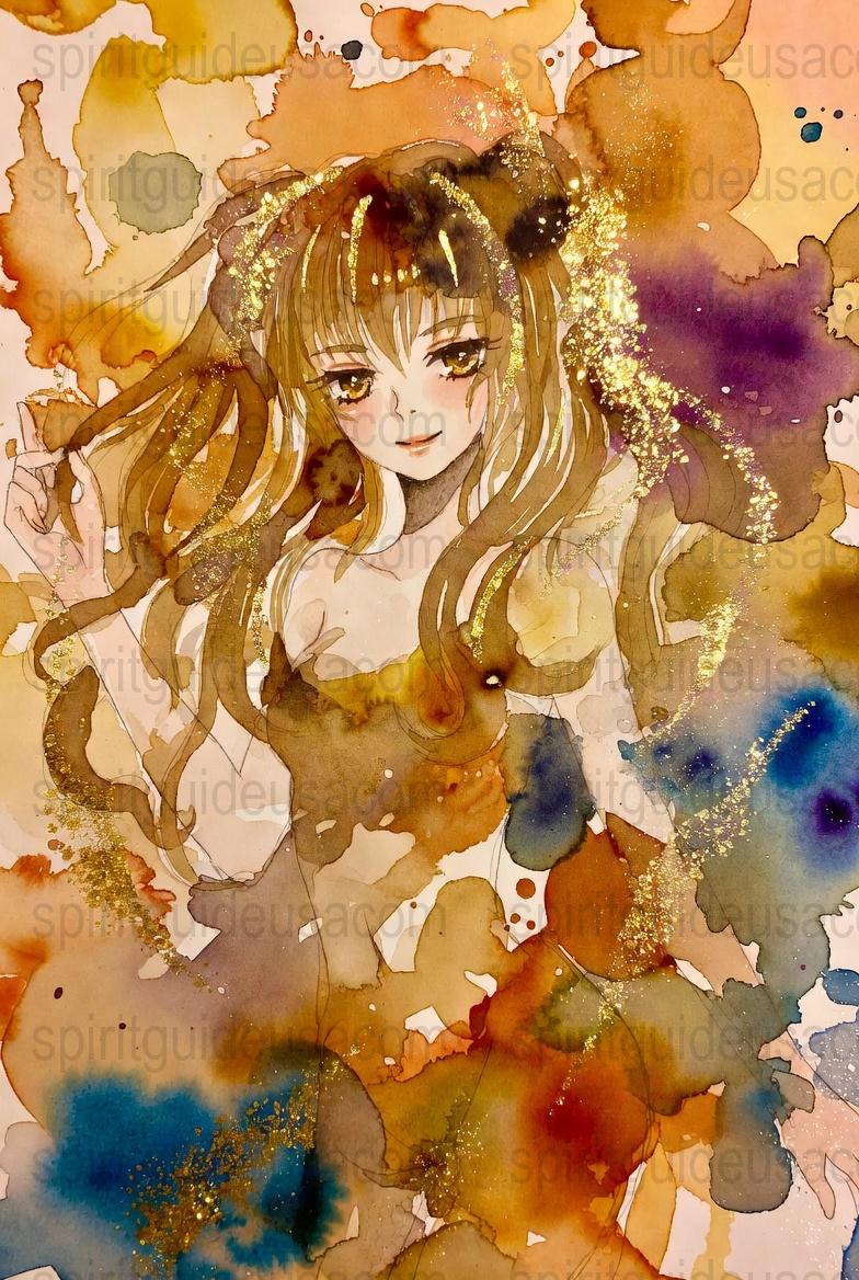 Anime Watercolor Art Print, Fantasy Girl Poster, Sparkly Gold Glitter, Manga Wall Decor, Vibrant Bedroom Artwork, Unique Gift Idea
