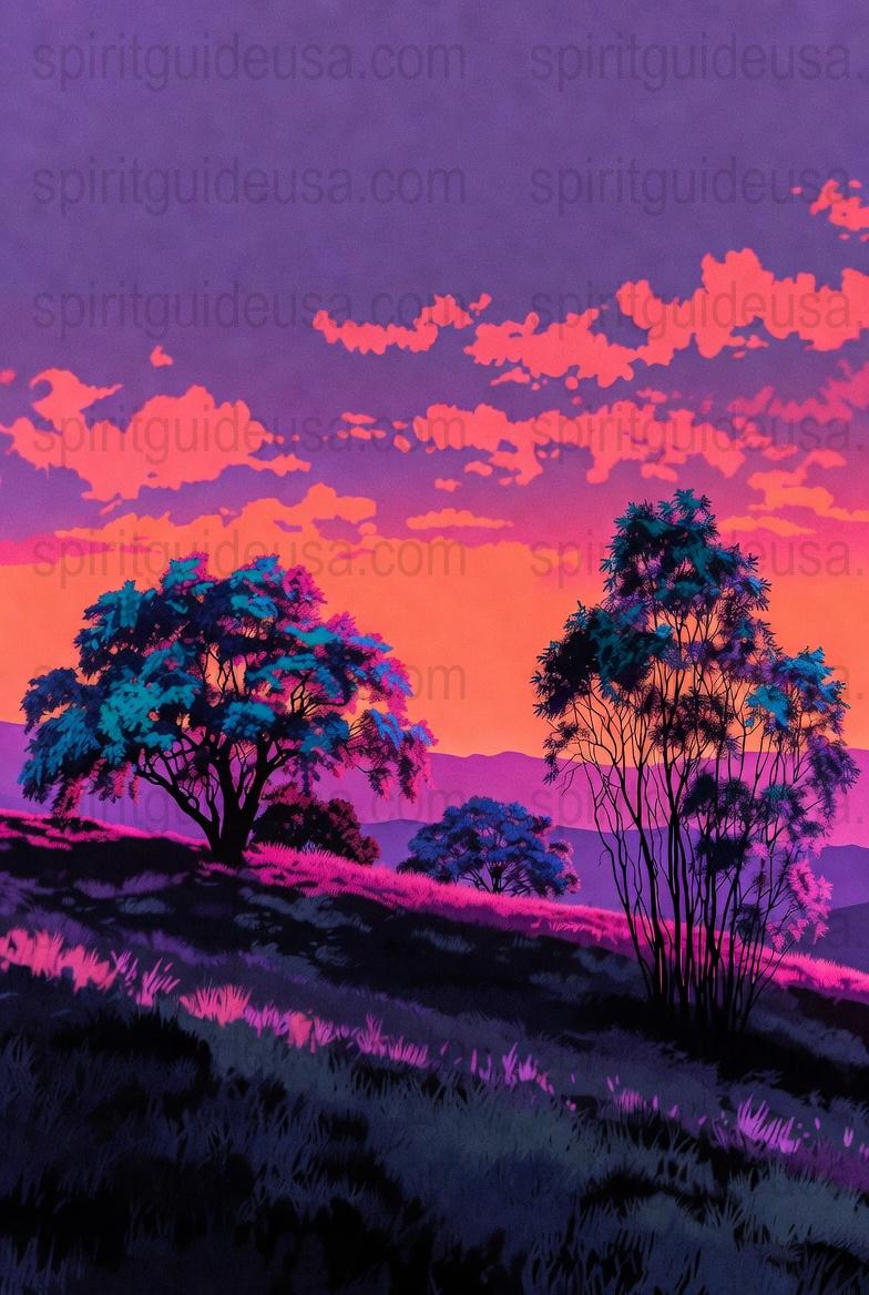 Vibrant Purple Sunset Landscape Art Print, Colorful Nature Wall Decor, Trees and Clouds Poster