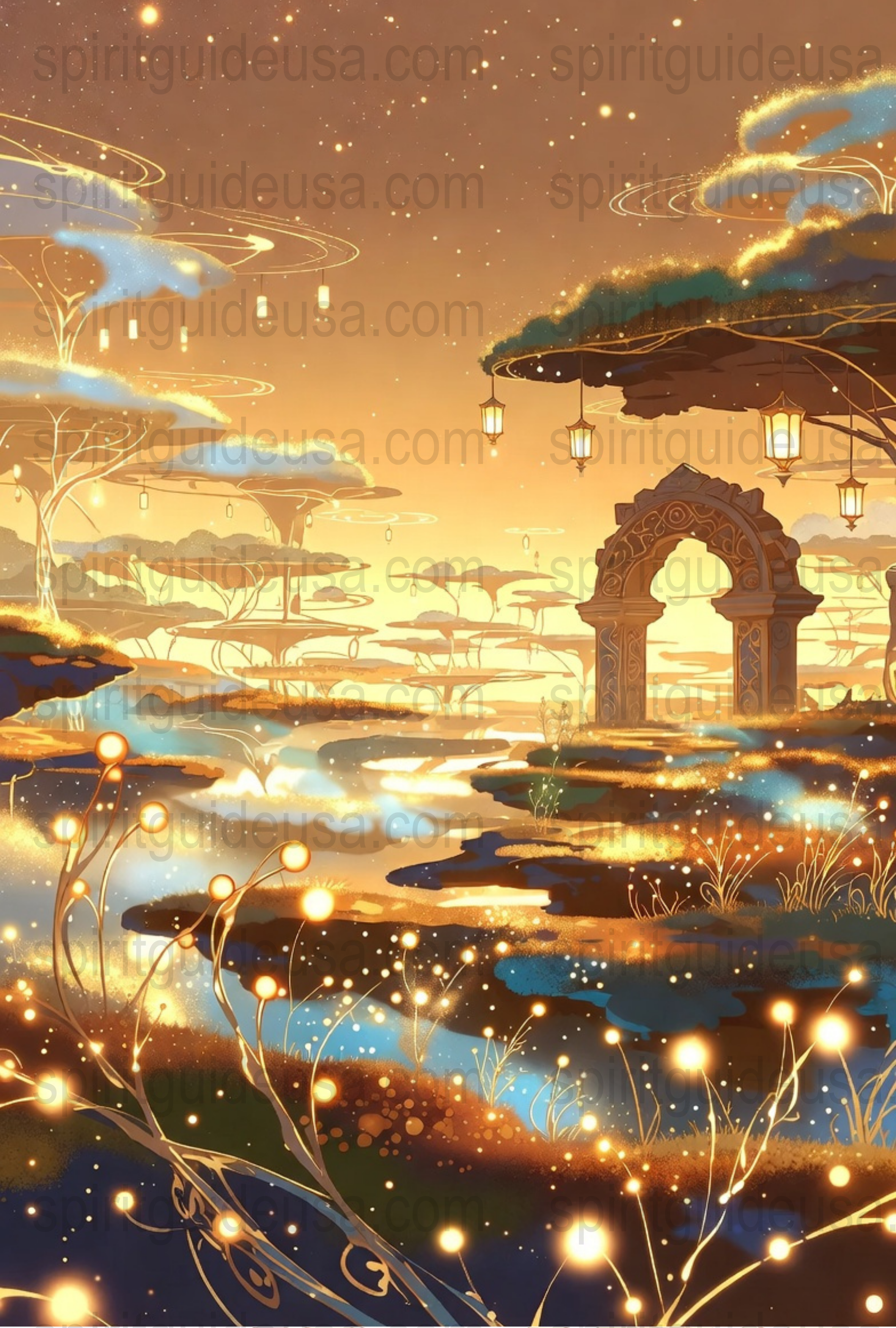 Enchanted Forest Art Print, Fantasy Landscape Poster, Mystical Nature Scene, Magical Golden Hour Illustration