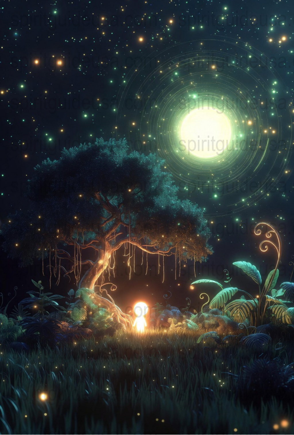 Enchanted Forest Night Light Wall Art, Mystical Tree and Stars Print, Fantasy Landscape Poster for Home Decor