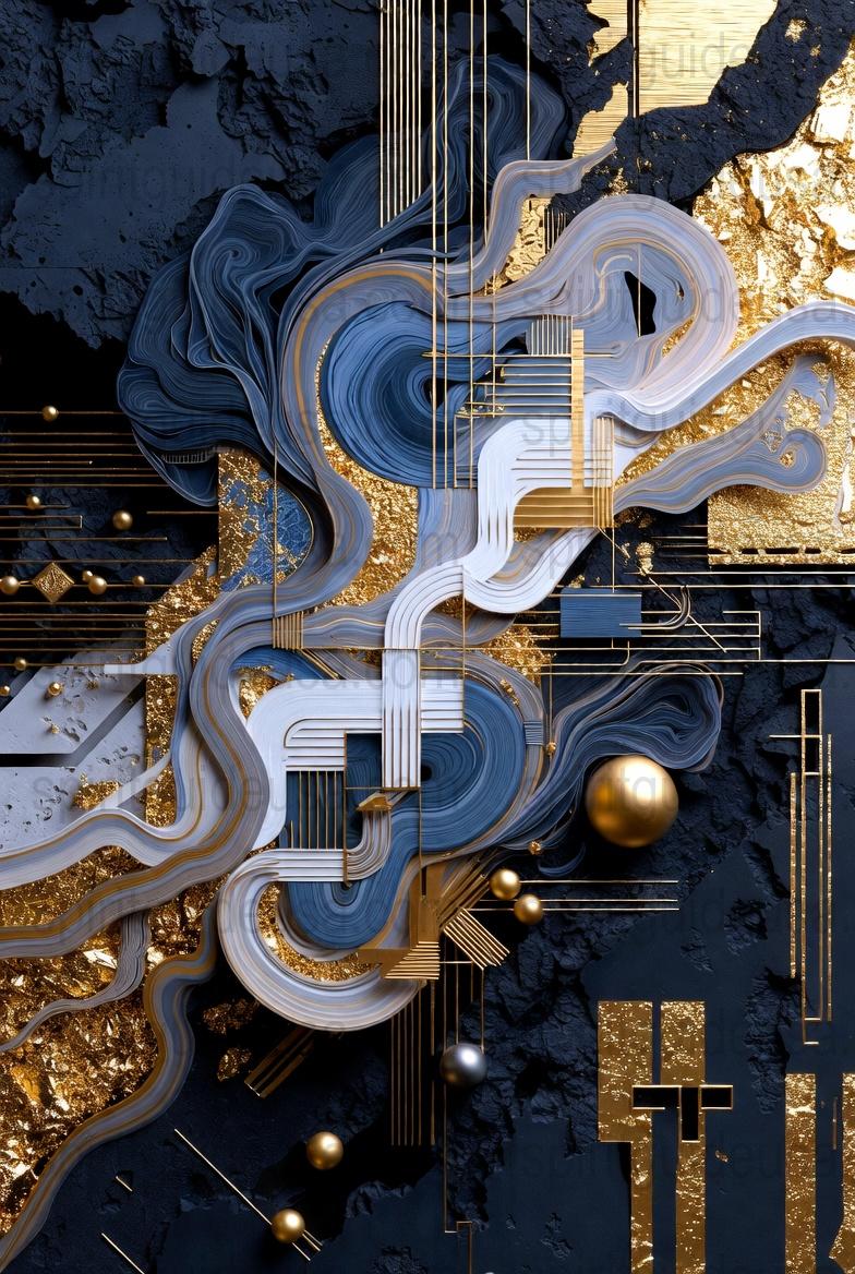 Abstract Blue and Gold Art Print, Modern Luxurious Wall Decor, Contemporary Geometric Design, Home Office Decoration