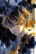 Anime Art Print, Boy with Golden Eyes, Dark Blue Watercolor, Manga Poster, Wall Decor, Illustrative Artwork, Gift for Anime Fans