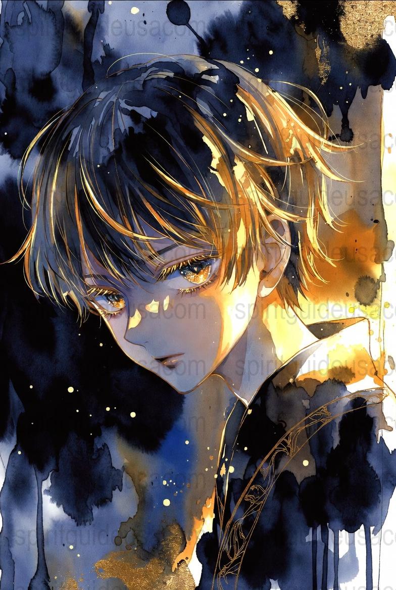 Anime Art Print, Boy with Golden Eyes, Dark Blue Watercolor, Manga Poster, Wall Decor, Illustrative Artwork, Gift for Anime Fans