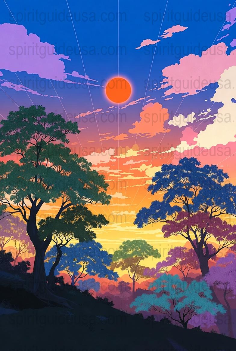 Colorful Sunset Landscape Print, Vibrant Nature Tree Silhouette Wall Art, Home Decor