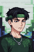 Anime Style Pixel Art Print, Dark-Haired Male Character Poster, Green Headband, Wall Decor