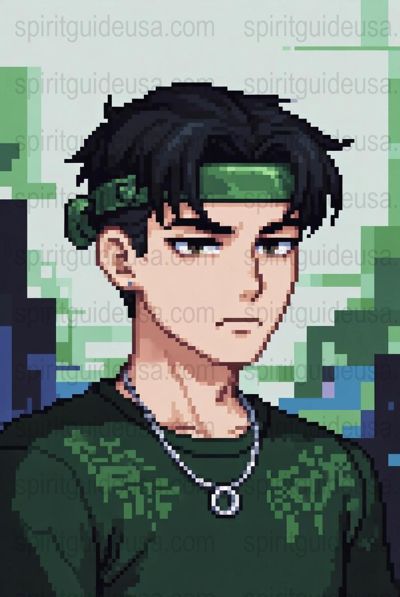 Anime Style Pixel Art Print, Dark-Haired Male Character Poster, Green Headband, Wall Decor