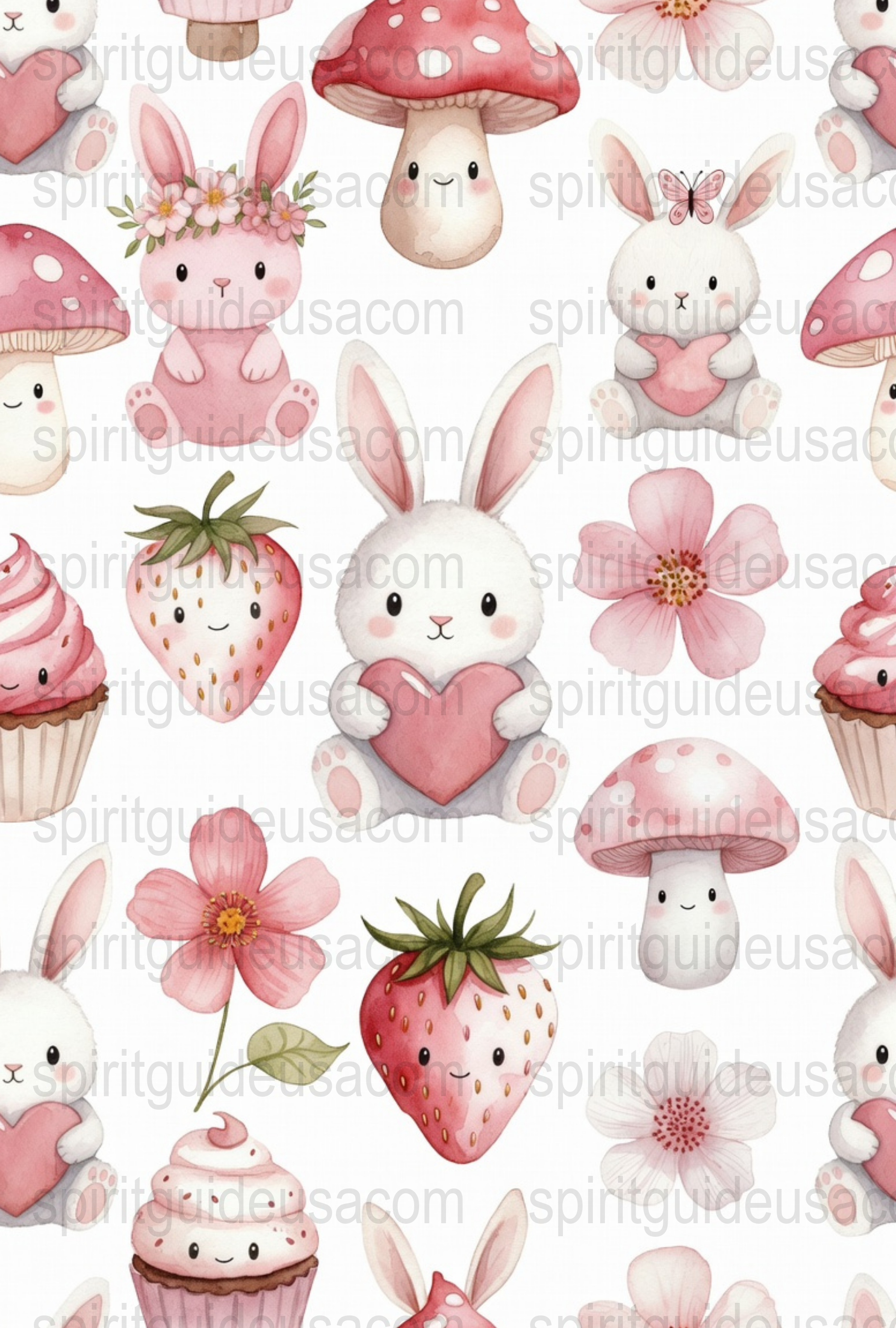 Cute Rabbit and Strawberry Pattern Fabric, Watercolor Bunny Mushroom Prints, Children Nursery Decor Material