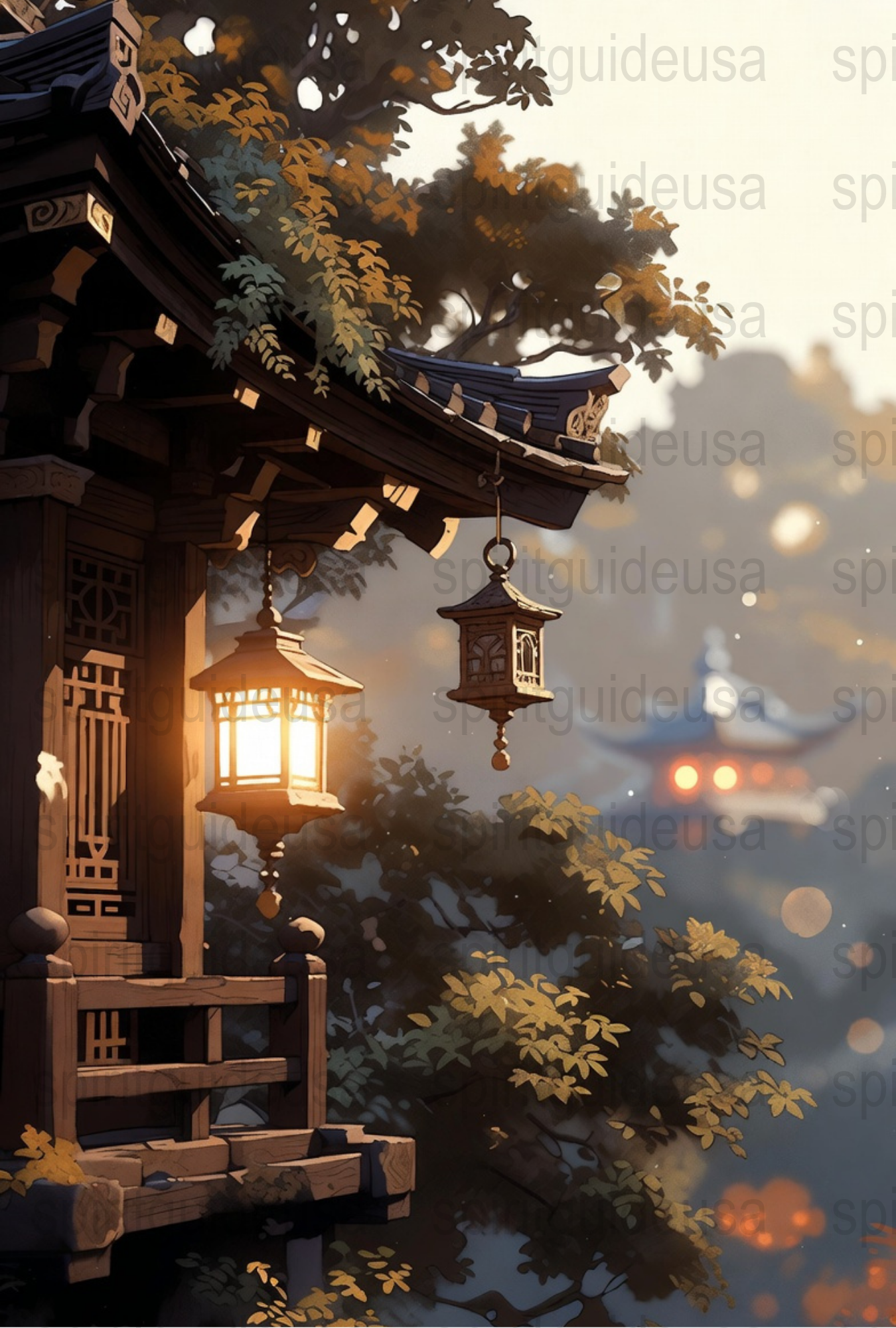 Traditional Japanese Pagoda Art Print, Lantern and Temple Illustration, Asian Inspired Home Decor, Serene Garden Wall Art