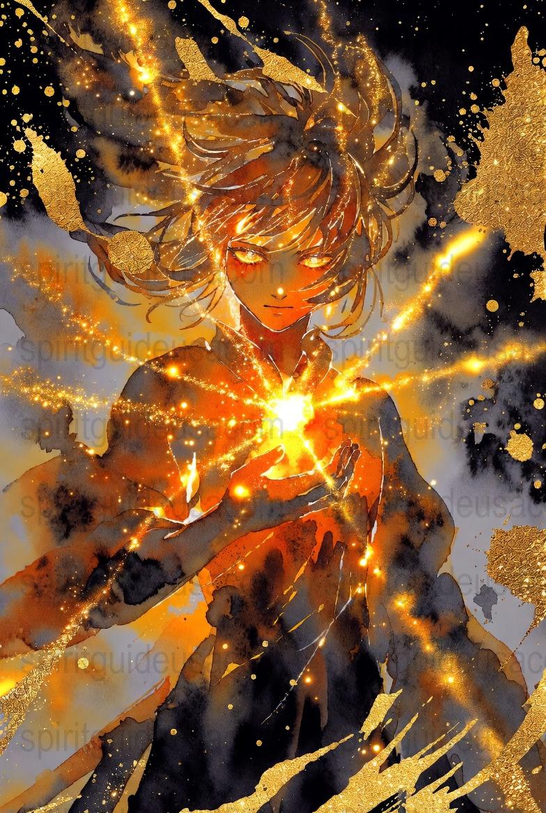 Fantasy Art Print, Gold and Black Abstract Cosmic Warrior, Wall Decor, Poster for Bedroom, Living Room, Unique Gift Idea, Vibrant Colors