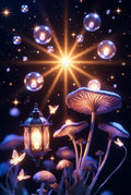 Enchanted Forest Night Light Lantern with Glowing Mushrooms Art Print, Mystic Fantasy Home Decor Wall Art
