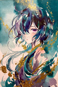 Anime Watercolor Art Print, Female Character with Blue Hair, Gold Glitter, Wall Decor, Manga Illustration, Gift for Anime Fans