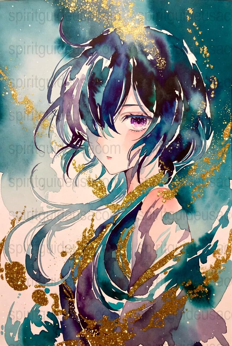 Anime Watercolor Art Print, Female Character with Blue Hair, Gold Glitter, Wall Decor, Manga Illustration, Gift for Anime Fans