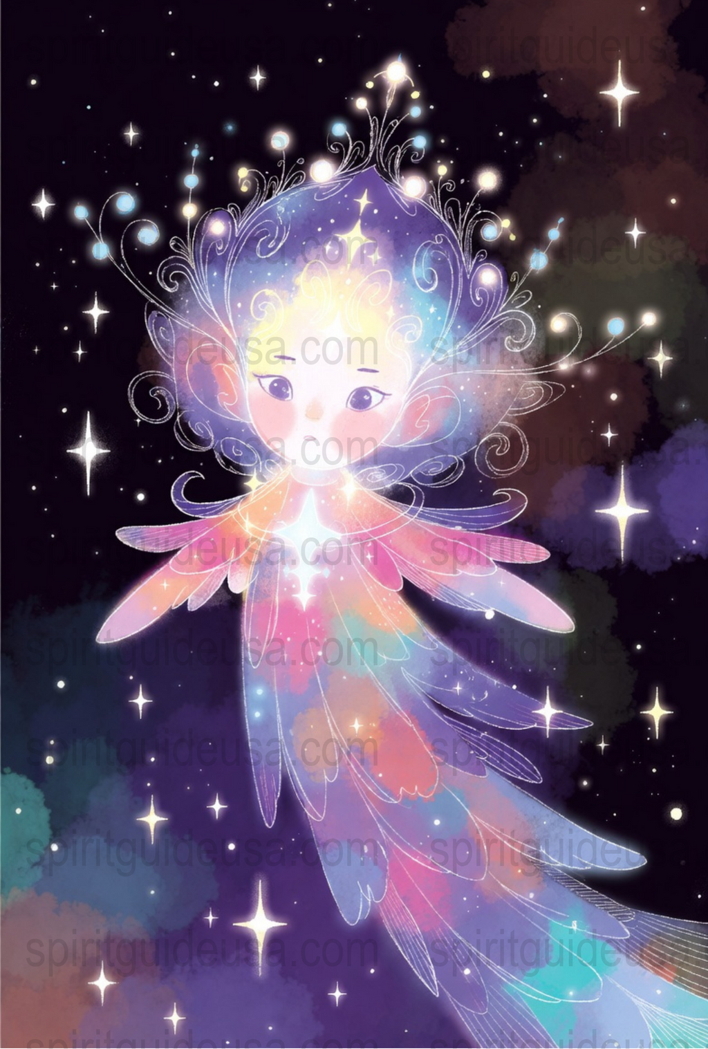 Enchanted Fairy Art Print, Colorful Celestial Fairy, Starry Night, Magical Nursery Wall Decor, Fantasy Illustration