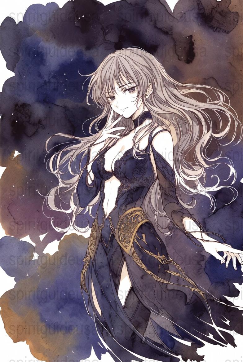 Mystical Anime Girl Art Print, Dark Fantasy Watercolor Illustration, Elegant Poster, Home Decor Wall Art