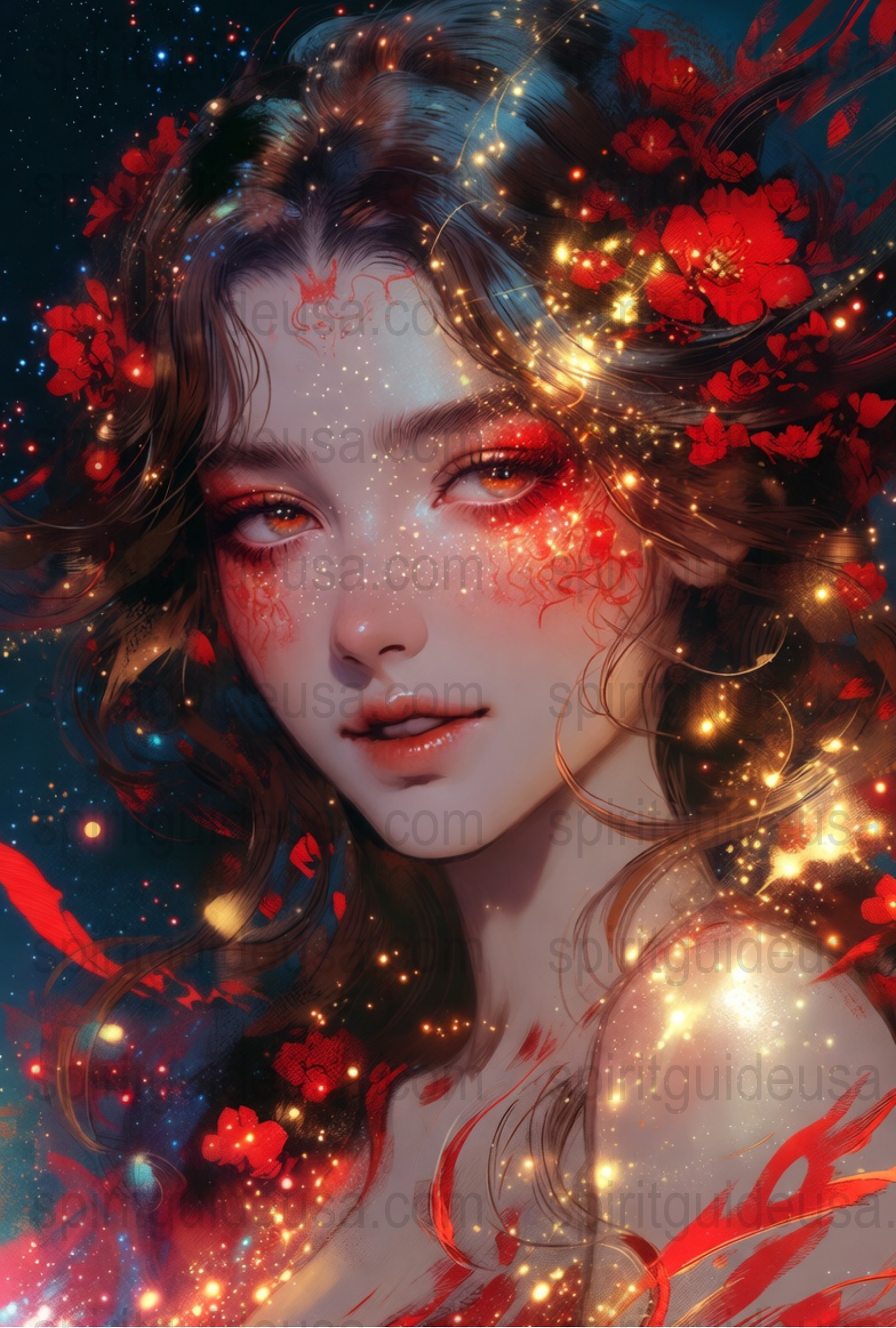 Fantasy Art Print, Celestial Woman, Starry Night, Floral Red Blossoms, Mystical Decor, Wall Art, Vibrant Colors, Gift Idea, Home Decor