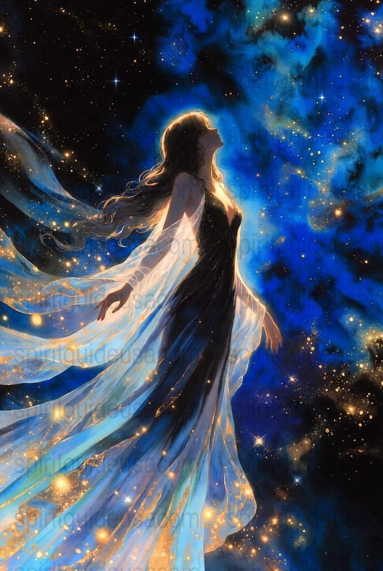 Celestial Fantasy Art Print, Starry Night Sky, Mystical Woman in Flowing Dress, Cosmic Wall Decor, Magical Starlight Poster