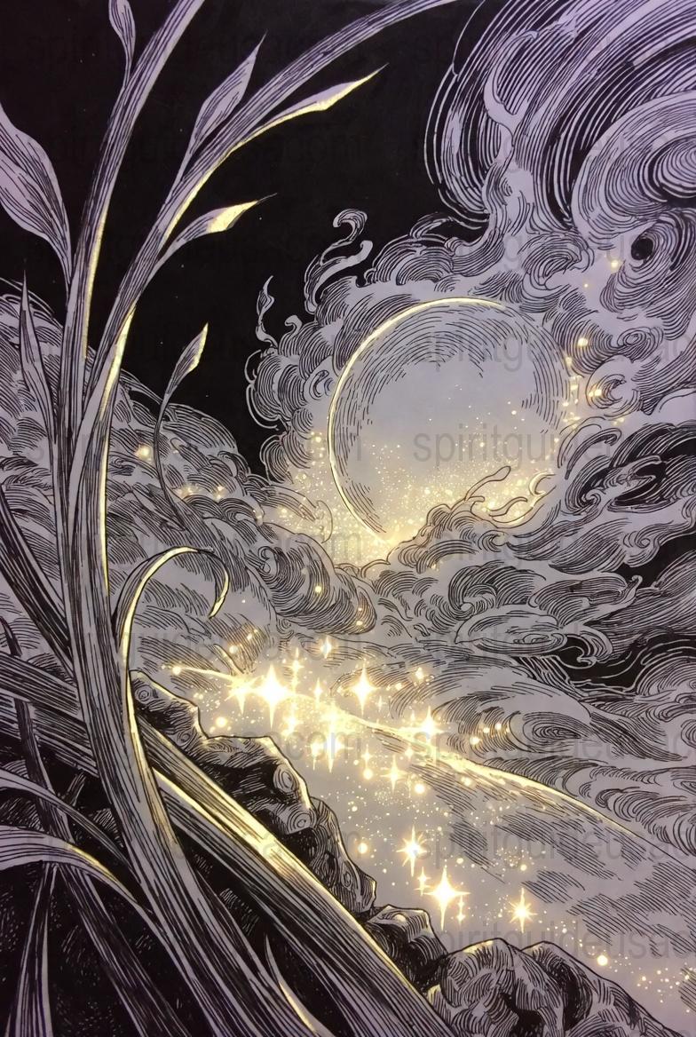 Mystical Night Sky Art Print, Celestial Moon and Stars, Black and White Wall Decor, Enchanted Nature Illustration, Fantasy Poster