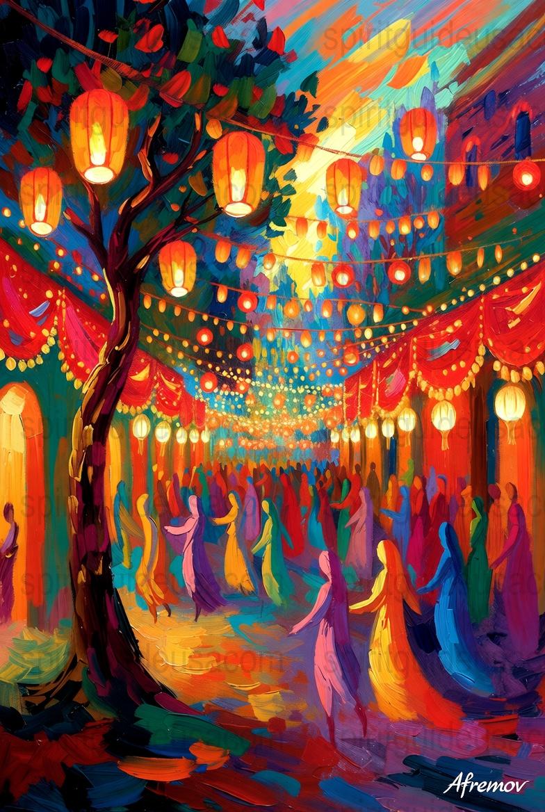 Colorful Lantern Festival Canvas Print, Vibrant Street Dance Art, Leonid Afremov Inspired Wall Decor