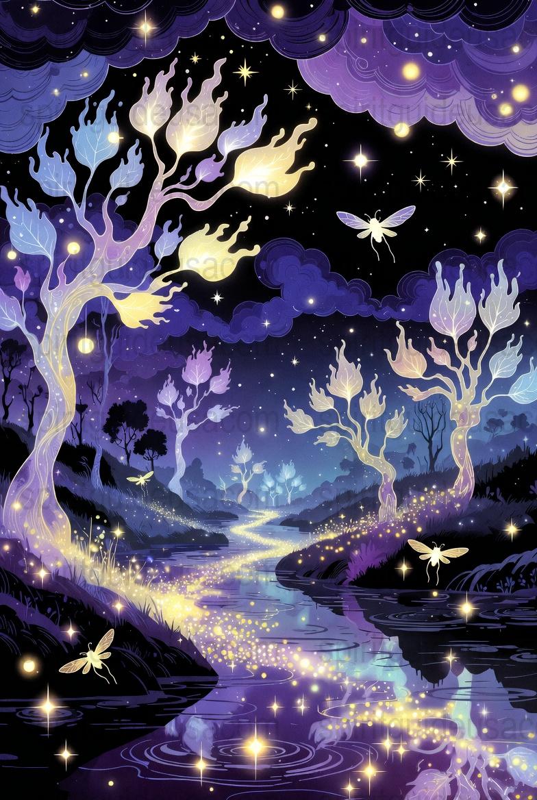 Enchanted Forest Night Scene Wall Art, Mystical Starry Sky Print, Fantasy Nature Landscape Poster, Celestial River Decor
