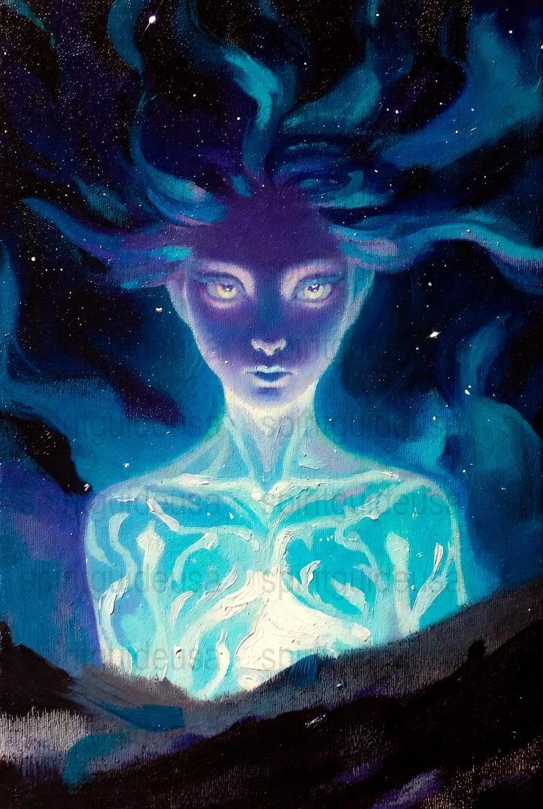 Mystical Cosmic Entity Art Print, Blue and Purple Fantasy Painting, Space Inspired Wall Decor, Unique Astral Illustration Canvas