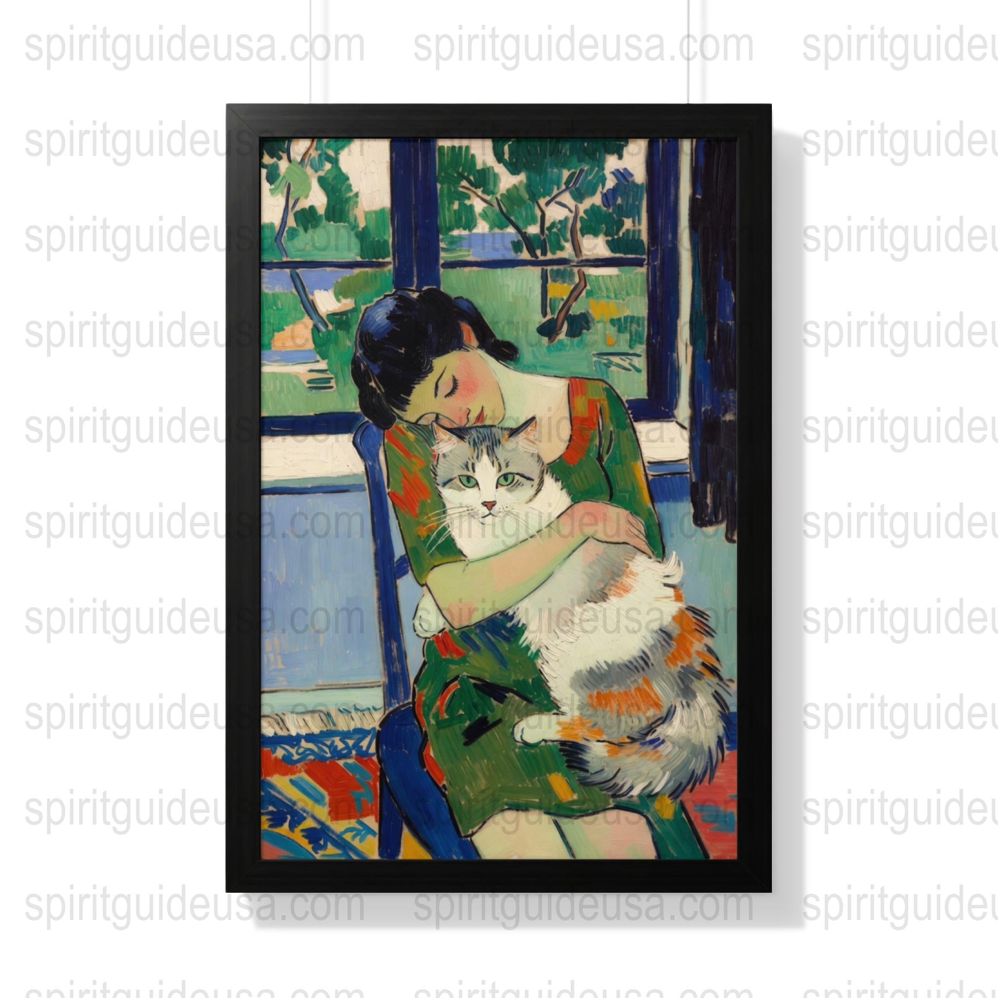 Vintage Cat and Woman Painting, Art Print, Lover's Embrace, Home Decor, Colorful Wall Art, Gift for Pet Owners, Nostalgic Artwork