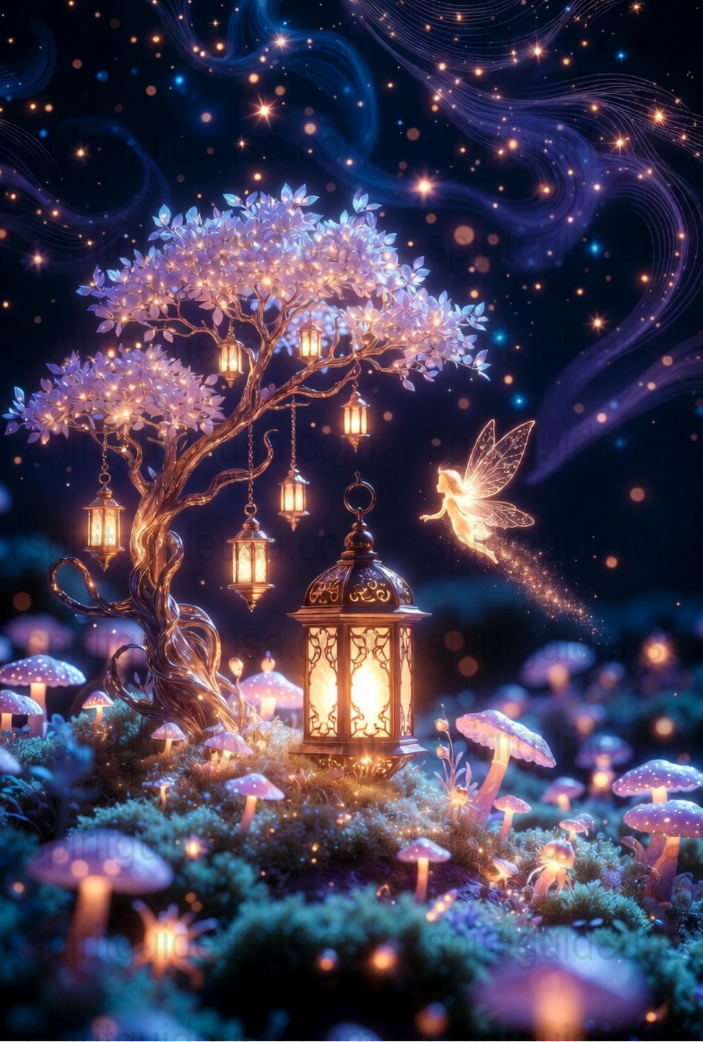 Enchanted Forest Night Light, Fairy and Lantern Tree Art Print, Magical Illuminated Mushrooms Decor
