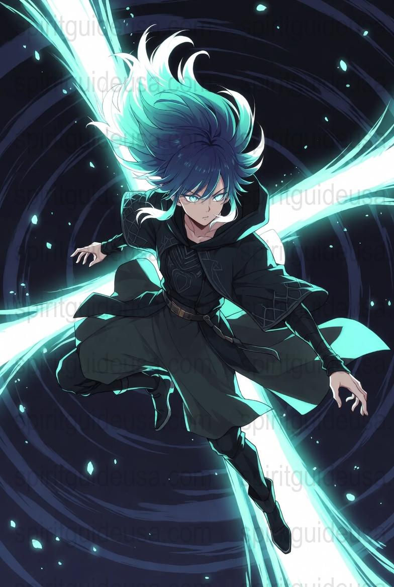 Anime Inspired Blue-Haired Warrior Character Poster, Vibrant Cosmic Background Art Print