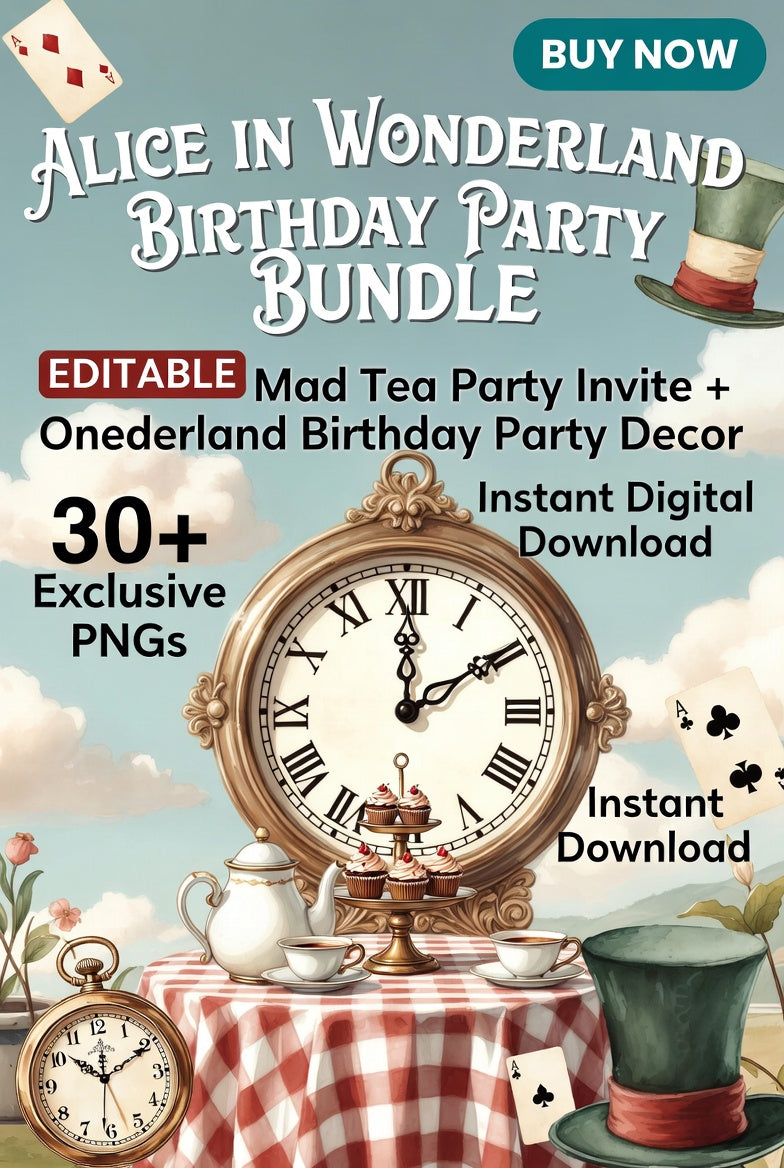 alice birthday, wonderland party, birthday bundle, editable invite, party decor, tea party decor, whimsical party, printable party, png bundle, instant download Party Decor, 30+ PNG Instant Download