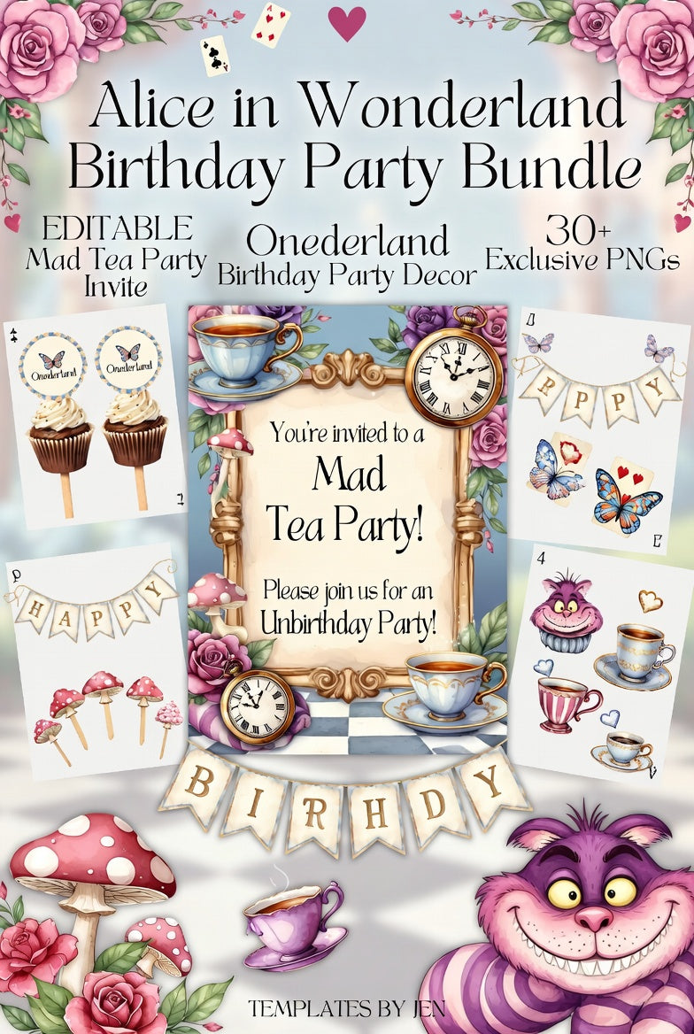 alice birthday, wonderland party, birthday bundle, editable invite, party decor, tea party decor, whimsical party, printable party, png bundle, instant download Party Decor, 30+ PNG Instant Download