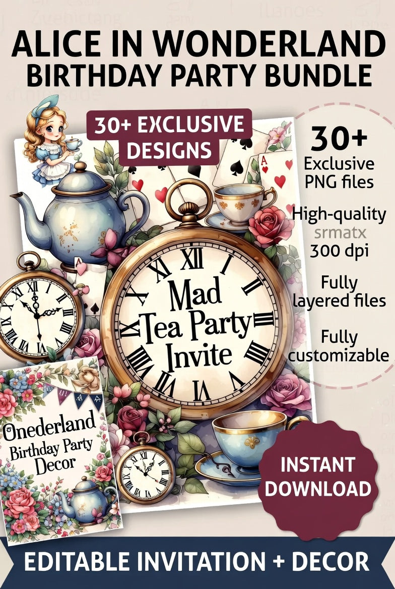 alice birthday, wonderland party, birthday bundle, editable invite, party decor, tea party decor, whimsical party, printable party, png bundle, instant download Party Decor, 30+ PNG Instant Download