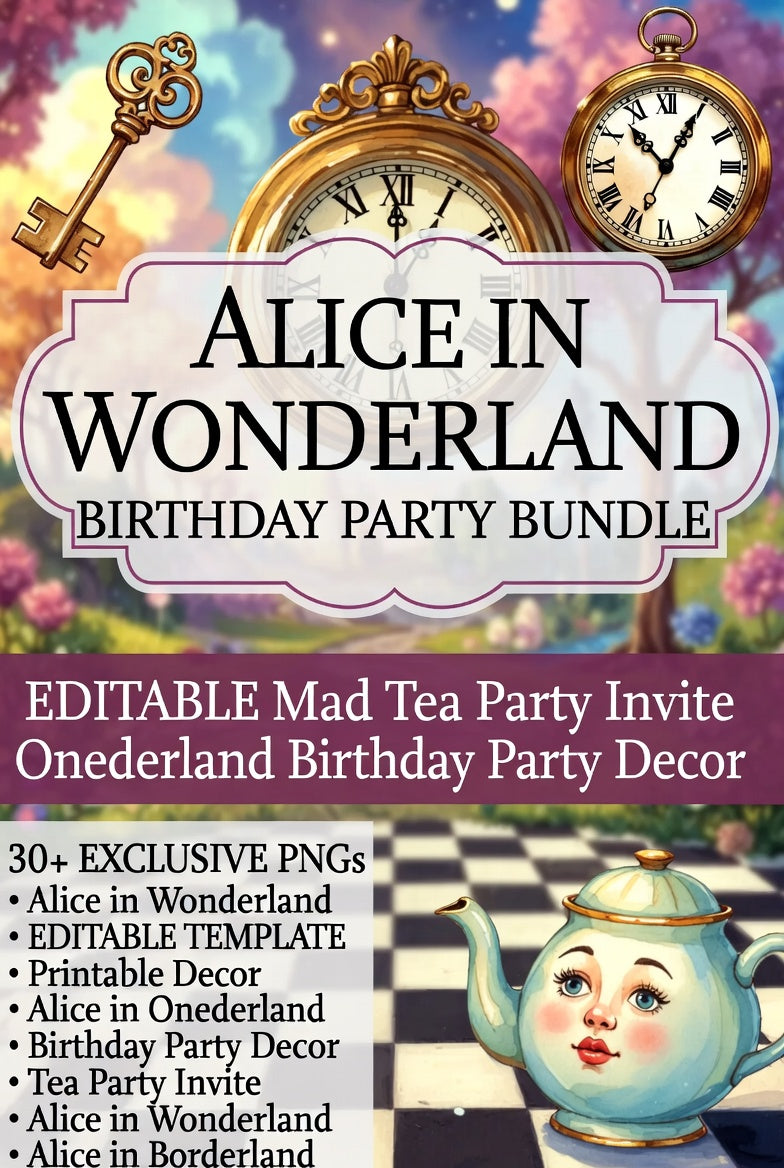 alice birthday, wonderland party, birthday bundle, editable invite, party decor, tea party decor, whimsical party, printable party, png bundle, instant download Party Decor, 30+ PNG Instant Download