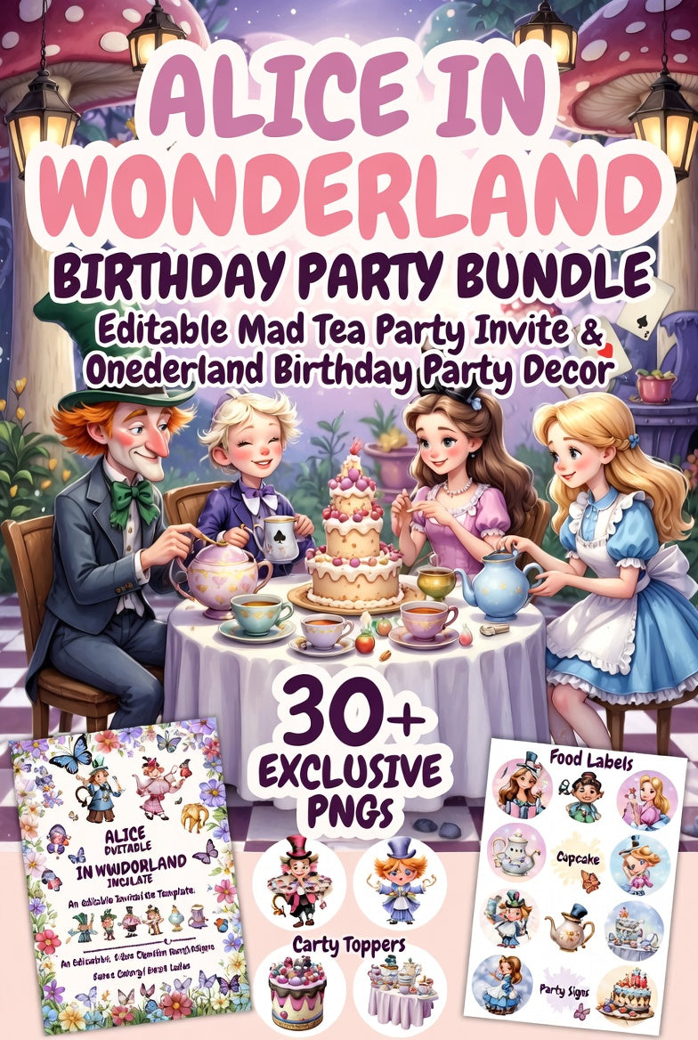 alice birthday, wonderland party, birthday bundle, editable invite, party decor, tea party decor, whimsical party, printable party, png bundle, instant download Party Decor, 30+ PNG Instant Download