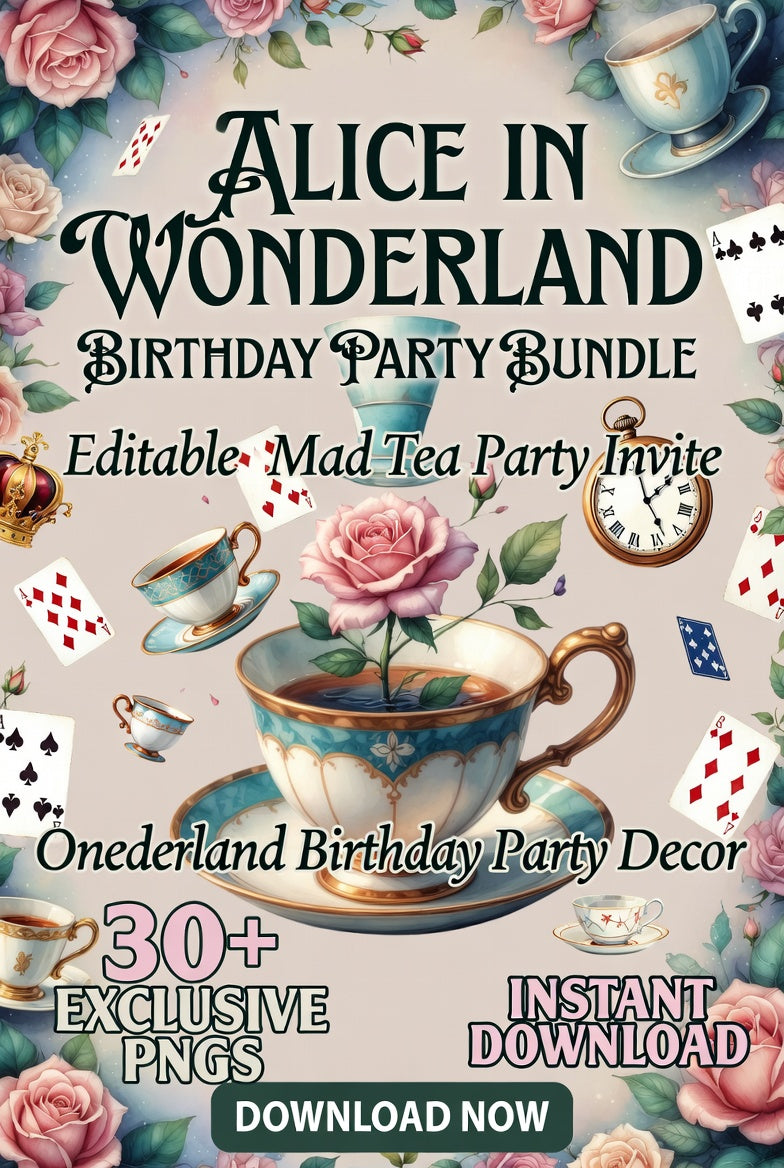 alice birthday, wonderland party, birthday bundle, editable invite, party decor, tea party decor, whimsical party, printable party, png bundle, instant download Party Decor, 30+ PNG Instant Download
