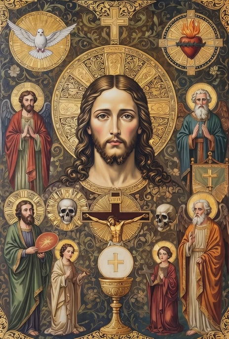 A luxury poster of Jesus Christ and Christian themes in ornate Holden-style design.